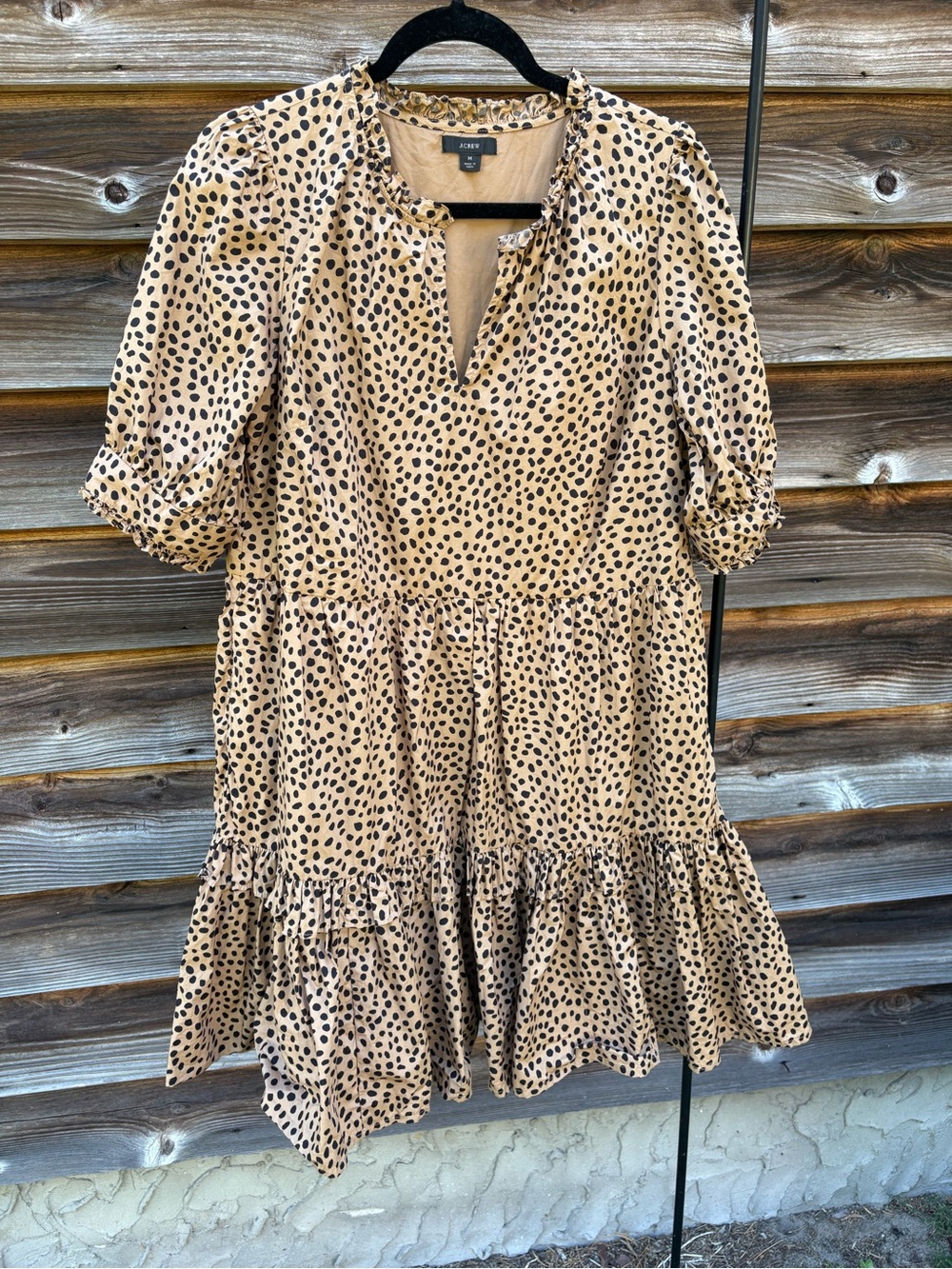 J. Crew Tan Dress with Black Spot Print